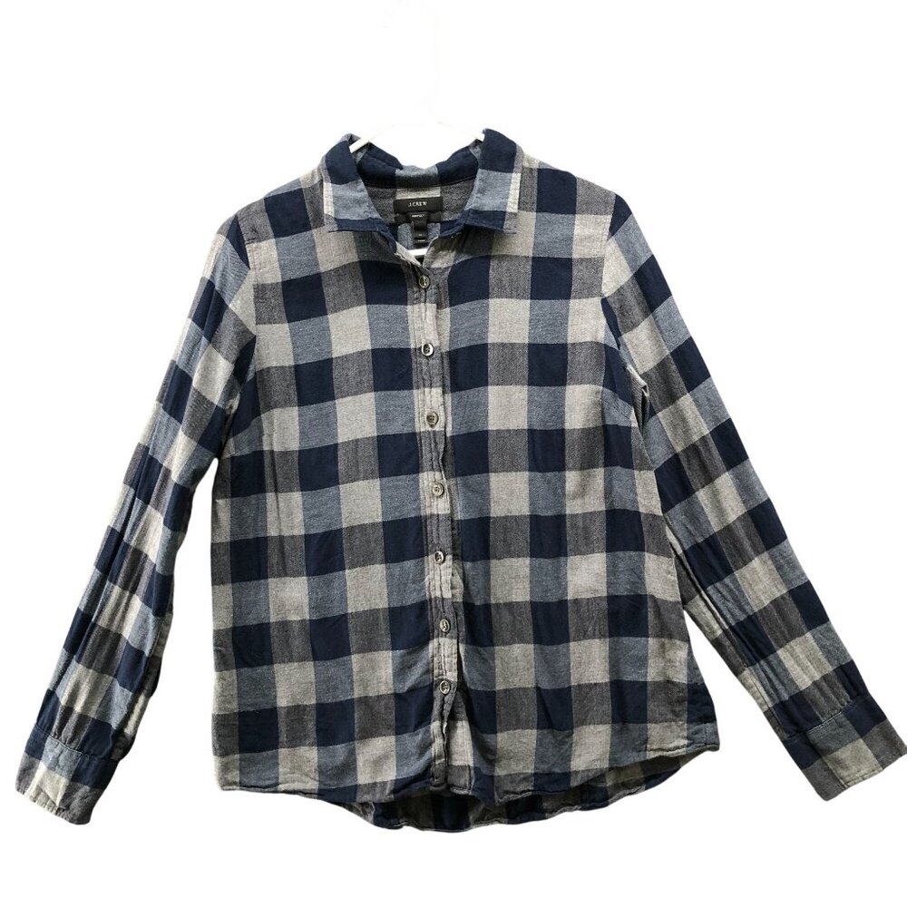 J. Crew Perfect Flannel Shirt Womens 12 Navy Blue Plaid Stretch Long Sleeve